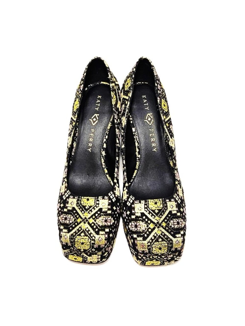 Katy Perry The Uplift Pump Sz 8.5 Black Gold Brocade Platform Block High Heels - Picture 5 of 10